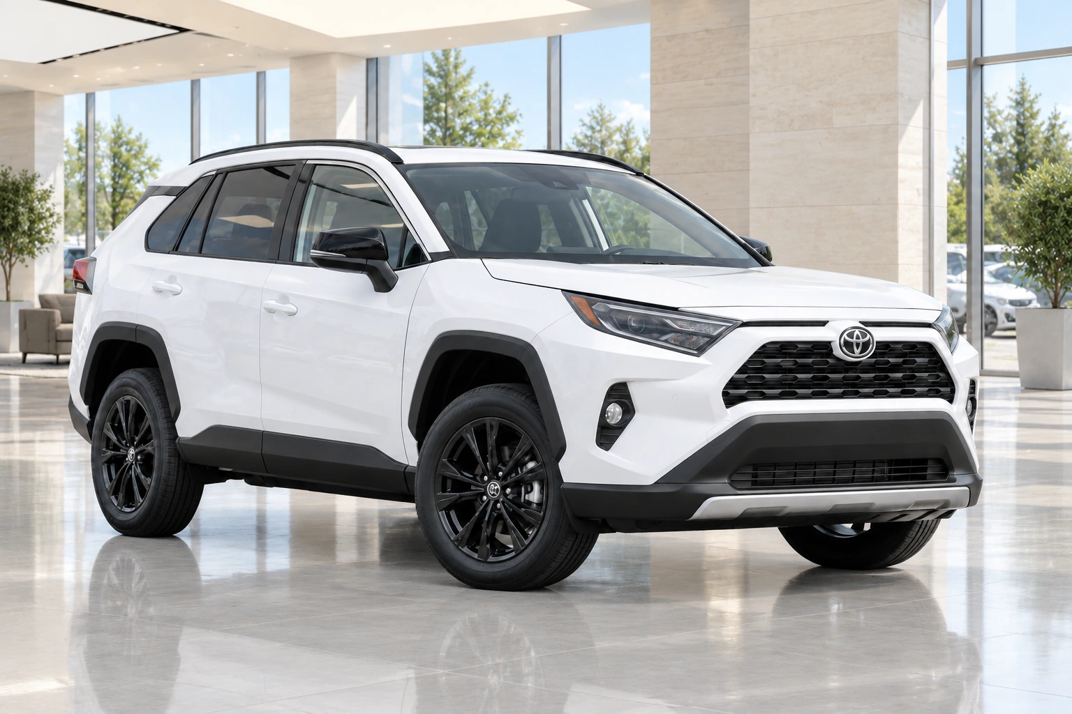 Illustrative white SUV in a bright showroom
