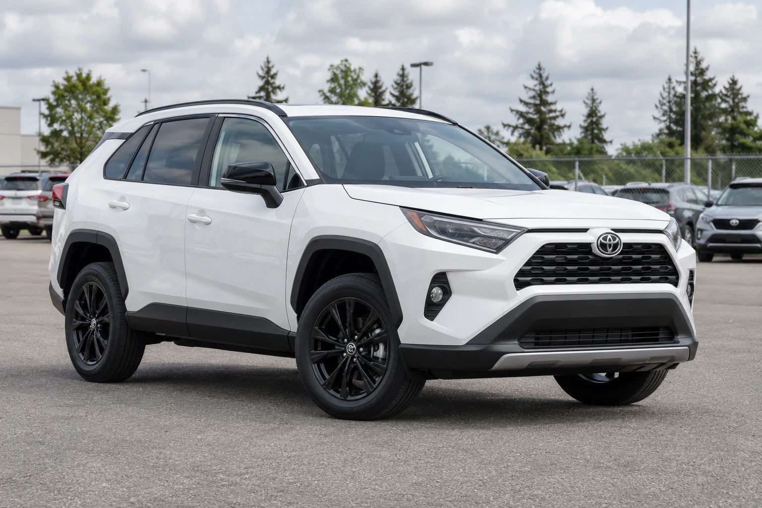 Illustrative white SUV in an outdoor vehicle yard